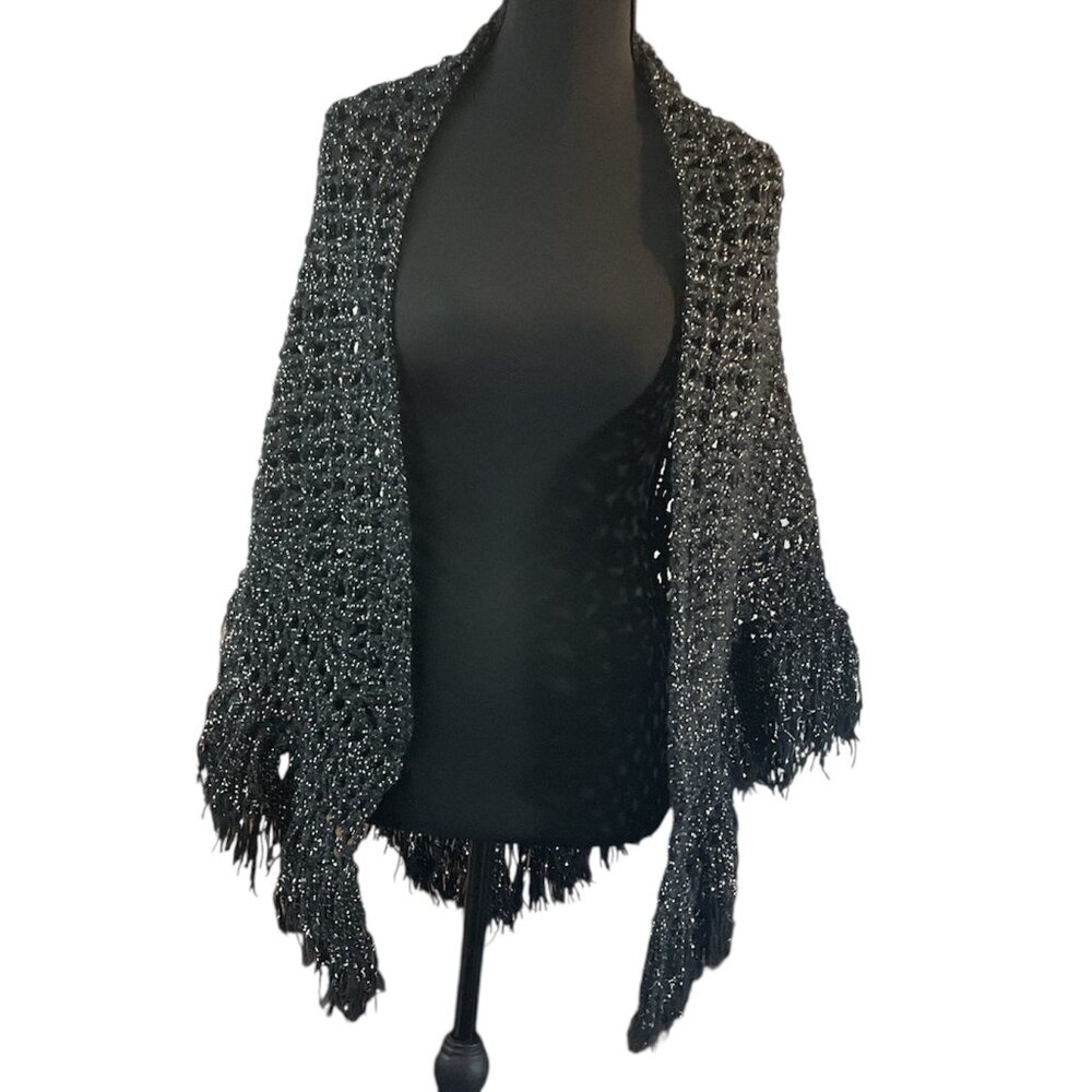 Vintage Handmade Black Crochet Shawl with Silver Highlights